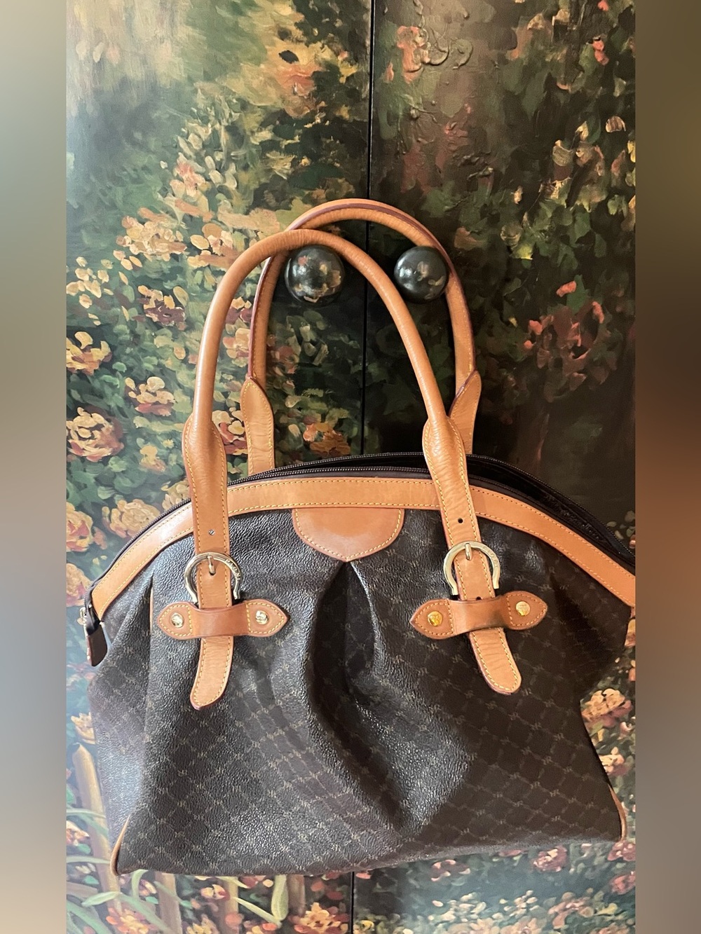 Rioni Brown Patterned Satchel with Tan Trim Handles